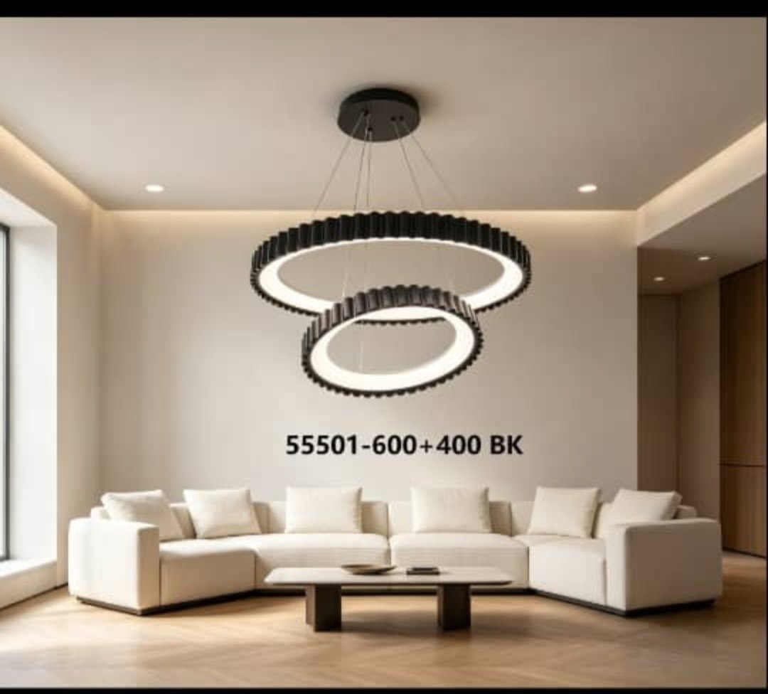 Modern Double-Ring LED Chandelier (Model: 55501-600+400 BK)