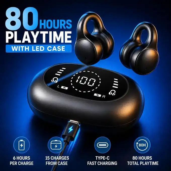 Audance TWS Open Earbuds Wireless Bluetooth with mics-80 Hrs Battery life with powerbank Case, Crystal Clear Call and Waterproof - Open Ear Clip on Earbud - Earpiece for Samsung, iphone, Android Phones