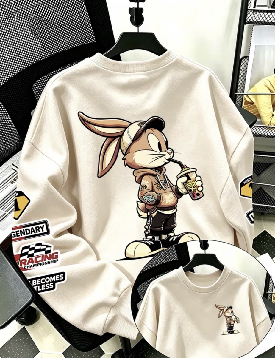 Men'S Fashion Long Sleeve Pullover Sweater, Retro Rabbit Drinking Milk Tea Street Graffiti Print
